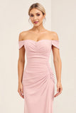 Blush Pink Off The Shoulder Sheath Long Bridesmaid Dress With Slit