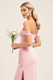 Blush Pink Off The Shoulder Sheath Long Bridesmaid Dress With Slit