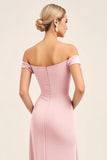 Blush Pink Off The Shoulder Sheath Long Bridesmaid Dress With Slit