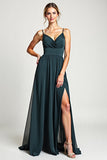 Peacock Spaghetti Straps A Line Long Bridesmaid Dress With Slit