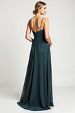 Peacock Spaghetti Straps A Line Long Bridesmaid Dress With Slit