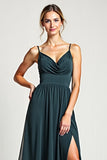 Peacock Spaghetti Straps A Line Long Bridesmaid Dress With Slit