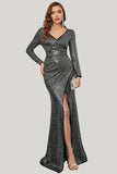 Mermaid Long Sleeves Black Sparkly Maxi Dress with Slit