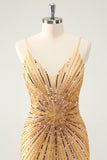 Golden Bodycon Spaghetti Straps Mini Dress with Sequins