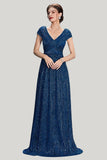 Sparkly A-Line V-Neck Grey Blue Maxi Dress