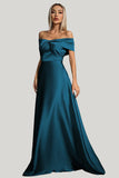 Peacock Blue Satin A Line Off the Shoulder Maxi Dress