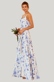 Blue Floral Print A Line Spaghetti Straps Floor Length Dress with Slit