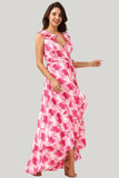 A Line V Neck Pink Flower Printed Asymmetrical Dress with Ruffles