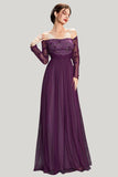 Dark Purple Tulle A Line Off the Shoulder Maxi Dress with Sleeves