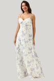 A Line Spaghetti Straps Purple Flower Printed Floor Length Dress