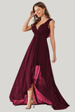 A Line Burgundy V Neck Chiffon High Low Maxi Dress