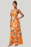 Trendy Mermaid One Shoulder Printed Orange Flower Maxi Dress