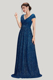 Sparkly A-Line V-Neck Grey Blue Maxi Dress