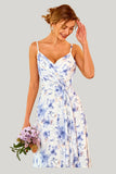 Blue Floral Print A Line Spaghetti Straps Floor Length Dress with Slit