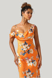 Trendy Mermaid One Shoulder Printed Orange Flower Floor Length Dress