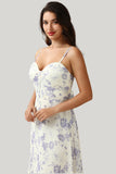 A Line Spaghetti Straps Purple Flower Printed Floor Length Dress