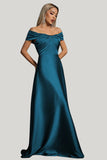 Peacock Blue Satin A Line Off the Shoulder Maxi Dress