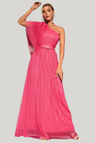 Coral A Line One Shoulder Tulle Maxi Dress with Belt