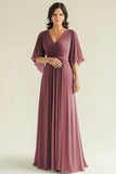 Agave Chiffon Pleated Flare Sleeves V Neck Mother of The Bride Dress