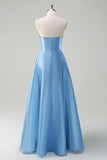 Blue A Line Sequined Pleated Strapless Prom Dress