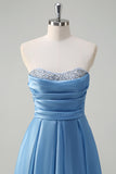 Blue A Line Sequined Pleated Strapless Prom Dress