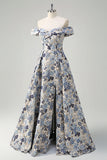 Elegant Blue Flower Pleated Off the Shoulder A Line Prom Dress with Slit