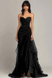 Elegant Sweetheart Ruched Ruffled Black Tie Dress