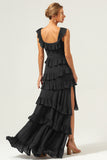 Dark Navy A Line Tiered Chiffon Maxi Bridesmaid Dress