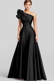 Navy A-Line Ruffled One Shoulder Satin Long Formal Dress