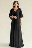 Agave Chiffon Pleated Flare Sleeves V Neck Mother of The Bride Dress