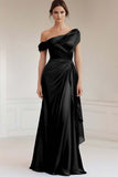 Grey Blue Satin Pleated One Shoulder Mother of the Bride Dress