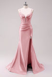 Fuchsia Ruched Corset Mermaid Prom Dress with Slit