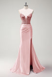 Beaded Corset Mermaid Fuchsia Prom Dress with Slit