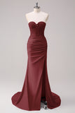 Fuchsia Sweetheart Ruched Mermaid Slit Prom Dress with Appliques