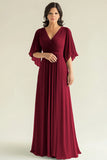 Agave Chiffon Pleated Flare Sleeves V Neck Mother of The Bride Dress