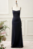 Black Blue Mermaid Spaghetti Straps Long Bridesmaid Dress with Slit