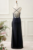 Black Blue Mermaid Spaghetti Straps Long Bridesmaid Dress with Slit