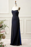 Back Blue Mermaid Spaghetti Straps Long Bridesmaid Dress with Slit