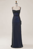 Sheath Spaghetti Straps Black Blue Floor Length Dress