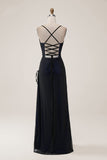 Sheath Spaghetti Straps Black Blue Floor Length Dress