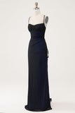 Sheath Spaghetti Straps Black Blue Floor Length Dress