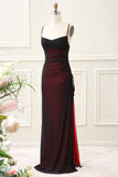 Black Red Spaghetti Straps Mermaid Pleated Long Maxi Dress with Slit