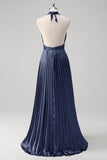 Royal Blue Pleated Halter Backless Bridesmaid Dress