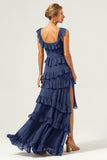 Dark Navy A Line Tiered Chiffon Maxi Bridesmaid Dress