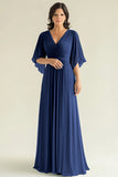 Agave Chiffon Pleated Flare Sleeves V Neck Mother of The Bride Dress