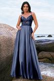 Ink Blue A Line Keyhole Pleated Satin Maxi Dress