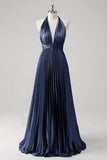 Royal Blue Pleated Halter Backless Bridesmaid Dress