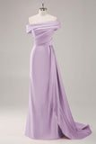 Off the Shoulder Satin Champagne Formal Dress with Drape