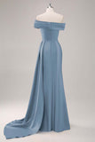 Off the Shoulder Satin Champagne Formal Dress with Drape