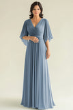 Agave Chiffon Pleated Flare Sleeves V Neck Mother of The Bride Dress